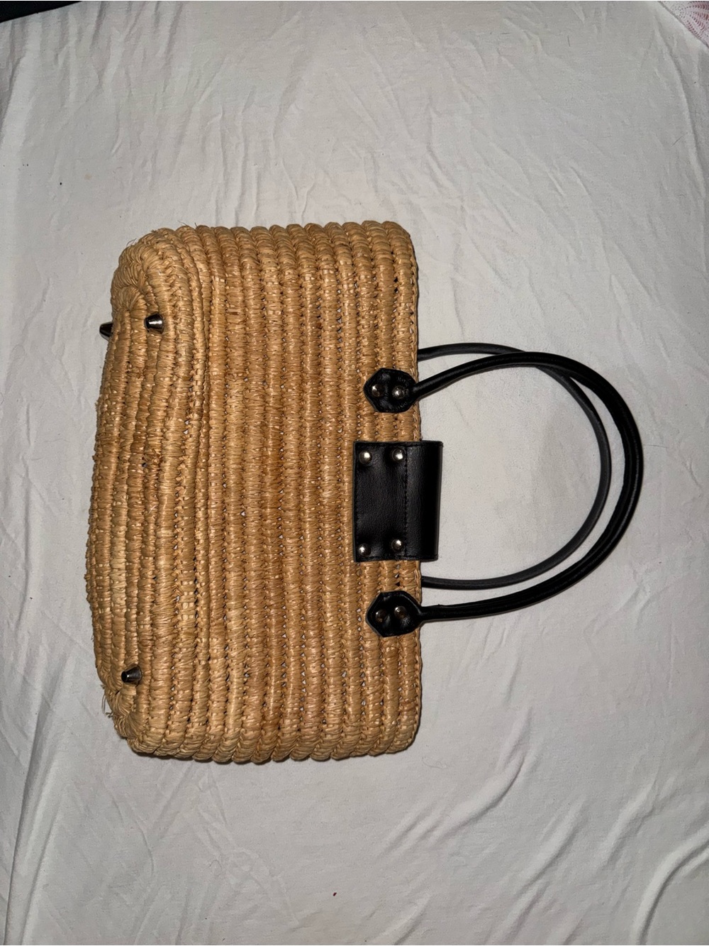 White House Black Market Tan Woven Tote with Black Handles